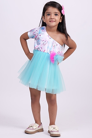 White & Blue Satin Unicorn Printed Dress For Girls by PiccoRicco
