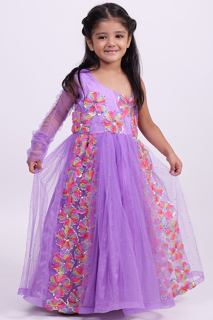 Lilac Shimmer Net One-Shoulder Gown For Girls by PiccoRicco at Pernia's Pop Up Shop