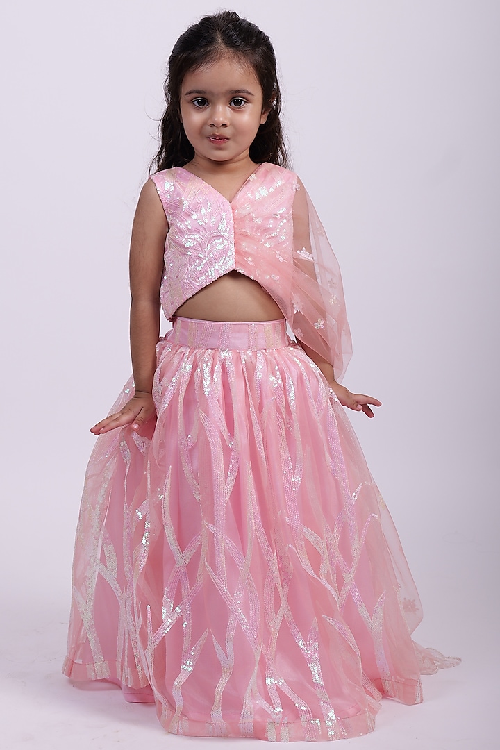 Pink Net Sequins Embroidered Lehenga Set For Girls by PiccoRicco