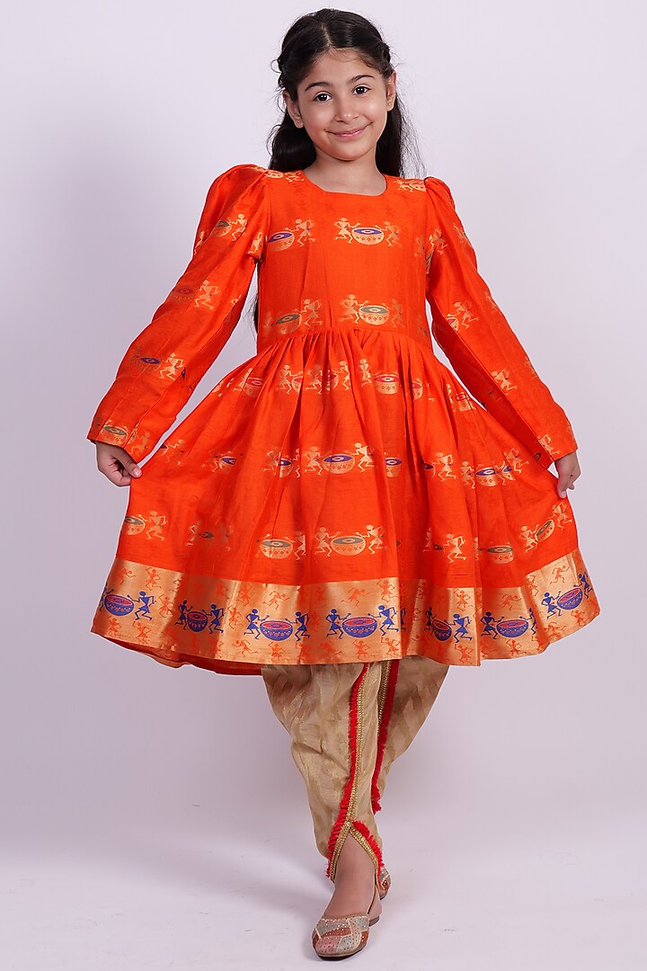 Orange Cotton Silk Drum Printed Kurta Set For Girls by PiccoRicco at Pernia's Pop Up Shop