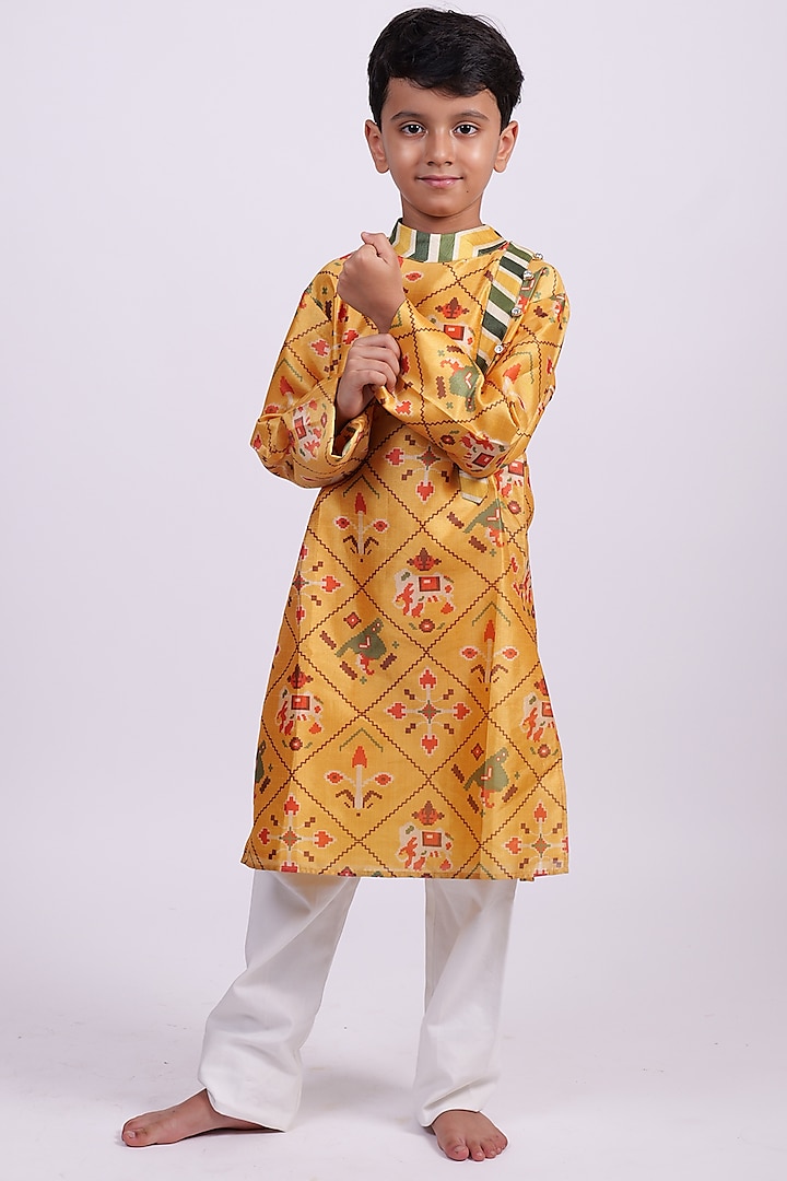 Yellow Silk Kurta Set For Boys by PiccoRicco