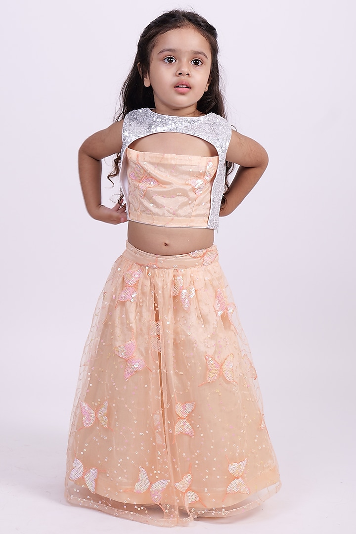 Peach Net Butterfly Embroidered Lehenga Set For Girls by PiccoRicco at Pernia's Pop Up Shop