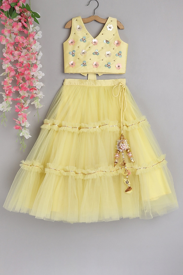 Light Yellow Hand Embroidered Skirt Set For Girls by Pwn