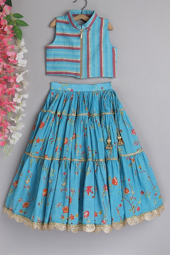 Blue Printed Skirt Set For Girls by Pwn
