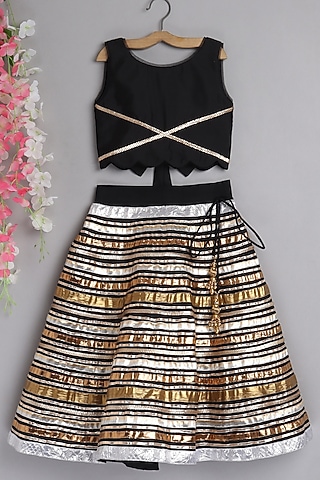 Black Gota Embroidered Skirt Set For Girls by Pwn