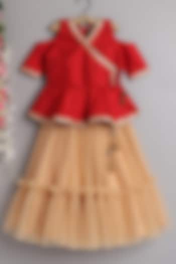 Beige Flared Skirt Set For Girls by Pwn
