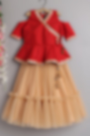 Beige Flared Skirt Set For Girls by Pwn