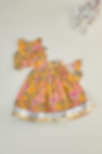 Yellow Cotton Cambric Gots Embroidered & Floral Printed Gathered Lehenga Set For Girls by PWN at Pernia's Pop Up Shop