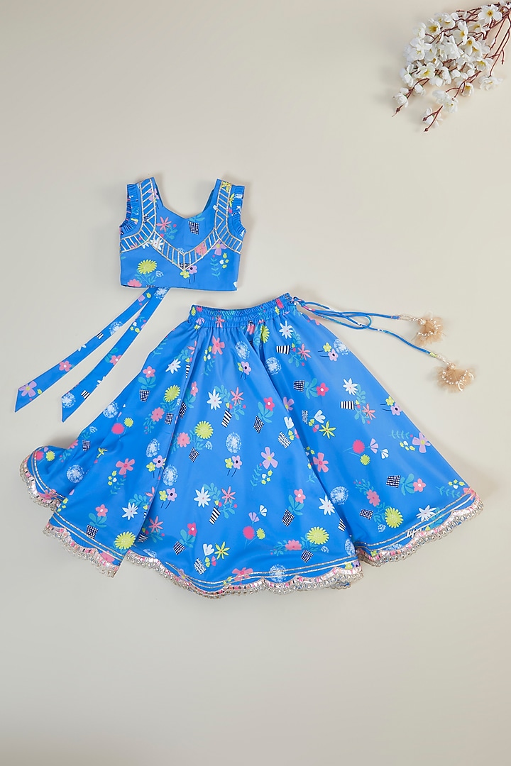 Blue Poly Cotton Satin Floral Printed Lehenga Set For Girls by PWN at Pernia's Pop Up Shop