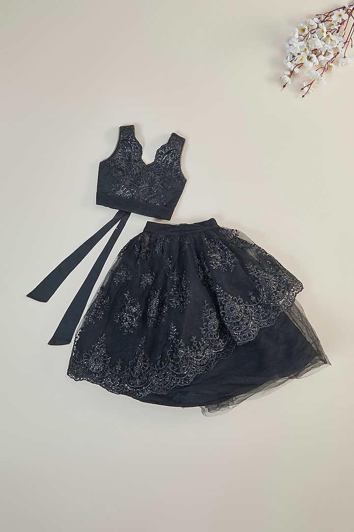 Black Net & Lace Embroidered Layered Lehenga Set For Girls by PWN at Pernia's Pop Up Shop