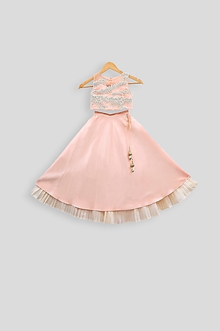 White Embroidered Crop Top With Peach Ruffled Skirt For Girls by PWN