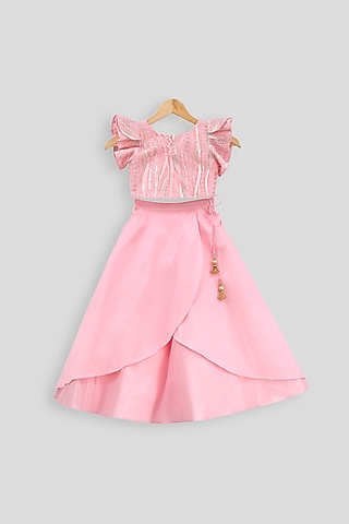 Baby Pink Embroidered Blouse With Layered Skirt For Girls by PWN