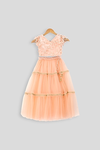 Peach Embroidered Blouse With Layered Skirt For Girls by PWN
