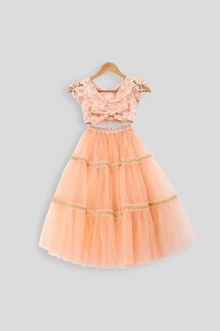 Peach Embroidered Blouse With Layered Skirt For Girls by PWN at Pernia's Pop Up Shop