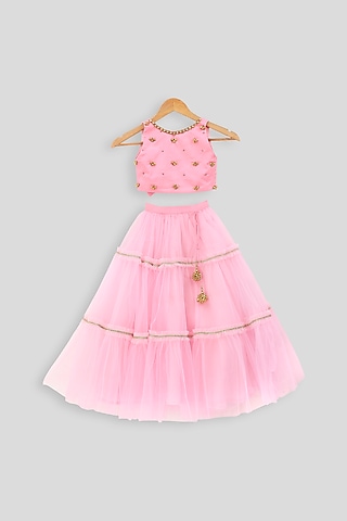Baby Pink Embroidered Blouse With Skirt For Girls by PWN