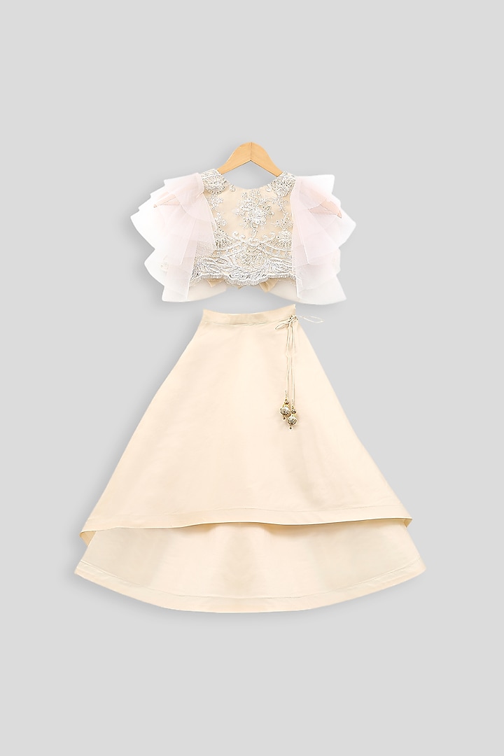 Light Beige Embroidered Blouse With Skirt For Girls by PWN
