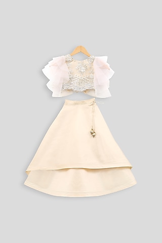 Light Beige Embroidered Blouse With Skirt For Girls by PWN
