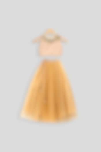 Beige Embroidered Crop Top With Skirt For Girls by PWN at Pernia's Pop Up Shop