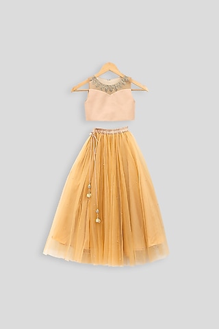 Beige Embroidered Crop Top With Skirt For Girls by PWN