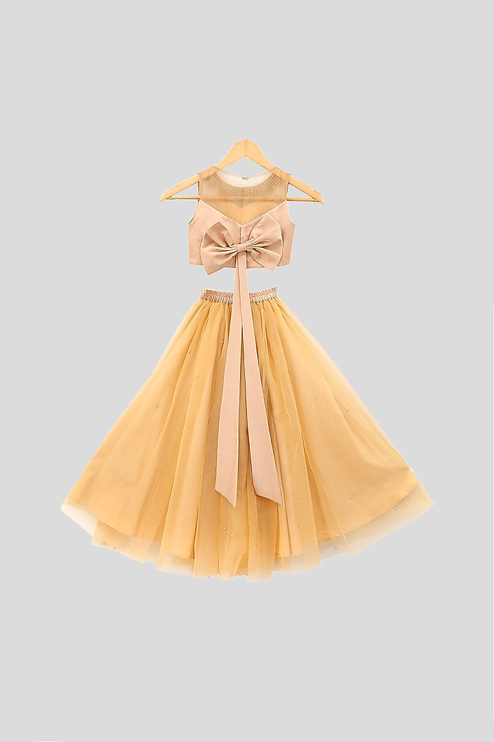 Beige Embroidered Crop Top With Skirt For Girls by PWN at Pernia's Pop Up Shop