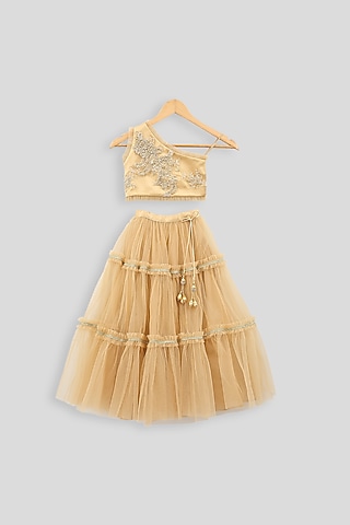 Beige Embroidered Blouse With Skirt For Girls by PWN