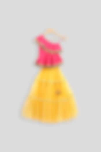 Hot Pink Peplum Blouse With Yellow Skirt For Girls by PWN at Pernia's Pop Up Shop