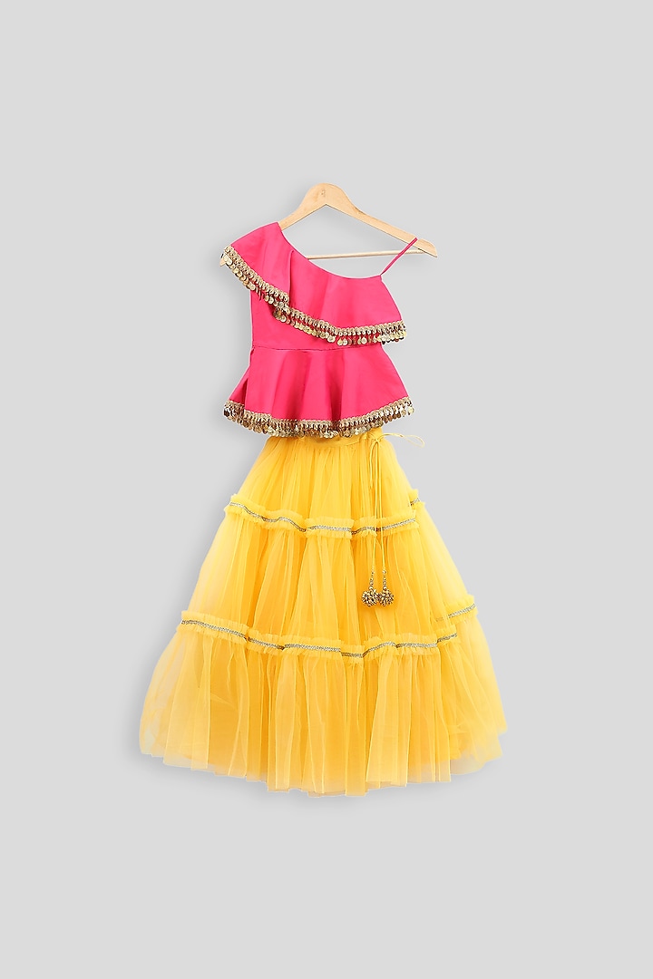 Hot Pink Peplum Blouse With Yellow Skirt For Girls by PWN