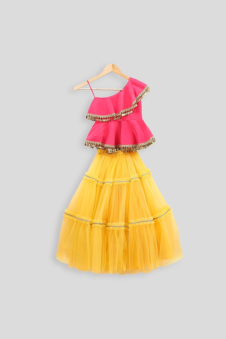 Hot Pink Peplum Blouse With Yellow Skirt For Girls by PWN at Pernia's Pop Up Shop