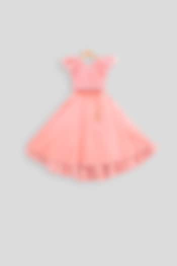 Peach Embroidered Crop Top With Skirt For Girls by PWN at Pernia's Pop Up Shop