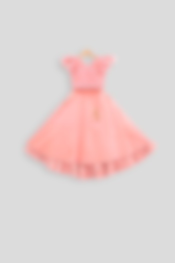 Peach Embroidered Crop Top With Skirt For Girls by PWN