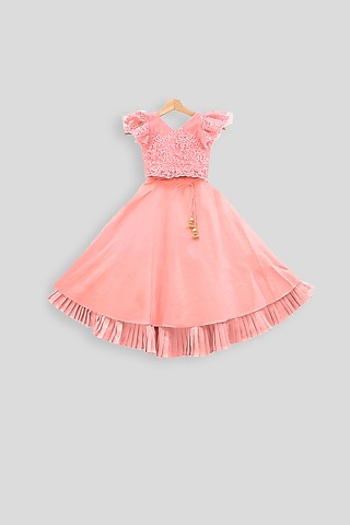 Peach Embroidered Crop Top With Skirt For Girls by PWN