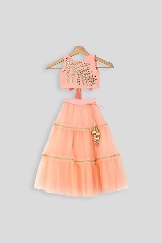 Peach Embroidered Blouse With Skirt For Girls by PWN