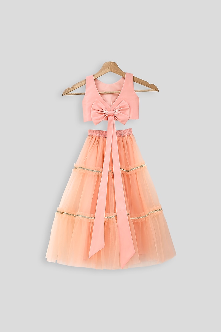 Peach Embroidered Blouse With Skirt For Girls by PWN at Pernia's Pop Up Shop