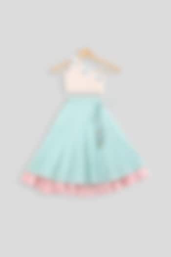 Beige Embroidered Blouse With Blue Skirt For Girls by PWN at Pernia's Pop Up Shop