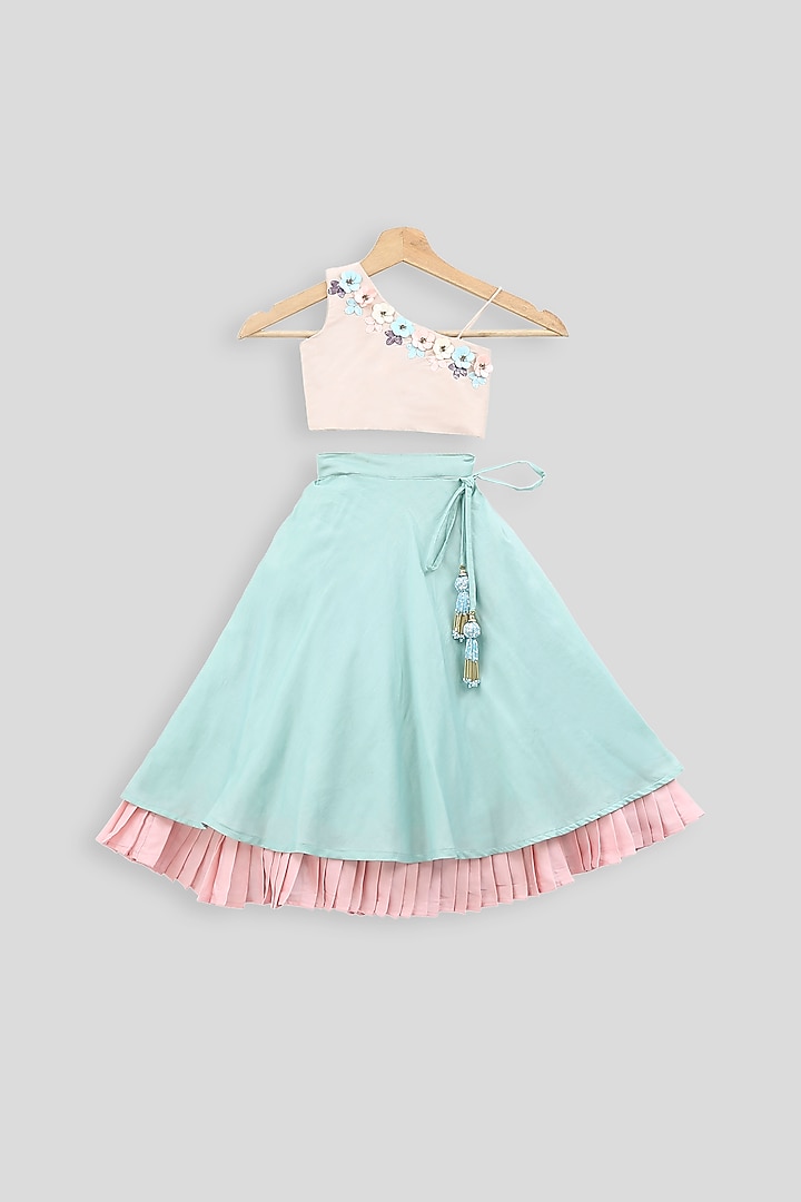 Beige Embroidered Blouse With Blue Skirt For Girls by PWN at Pernia's Pop Up Shop