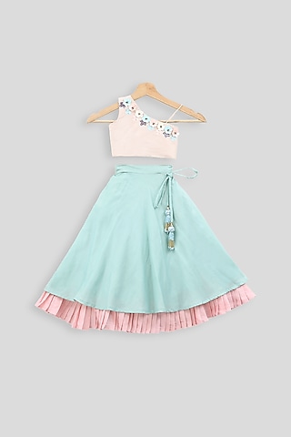 Beige Embroidered Blouse With Blue Skirt For Girls by PWN