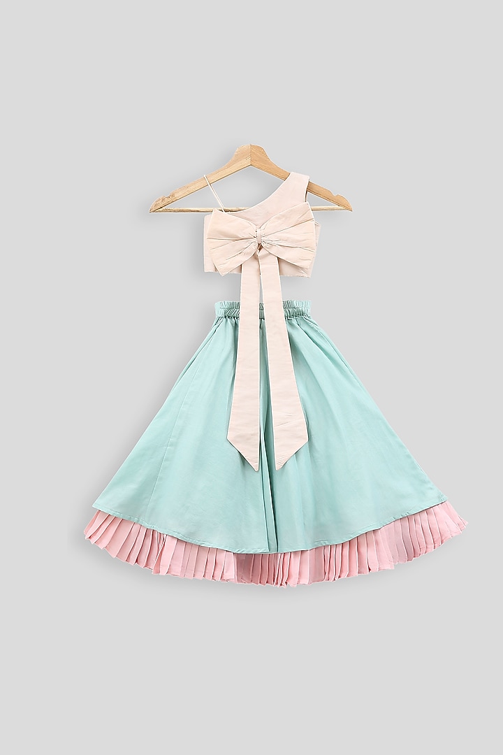 Beige Embroidered Blouse With Blue Skirt For Girls by PWN at Pernia's Pop Up Shop