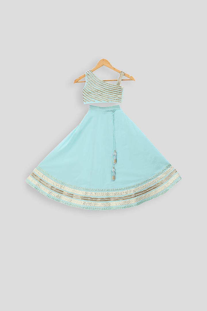 Light Blue Embroidered Blouse With Skirt For Girls by PWN