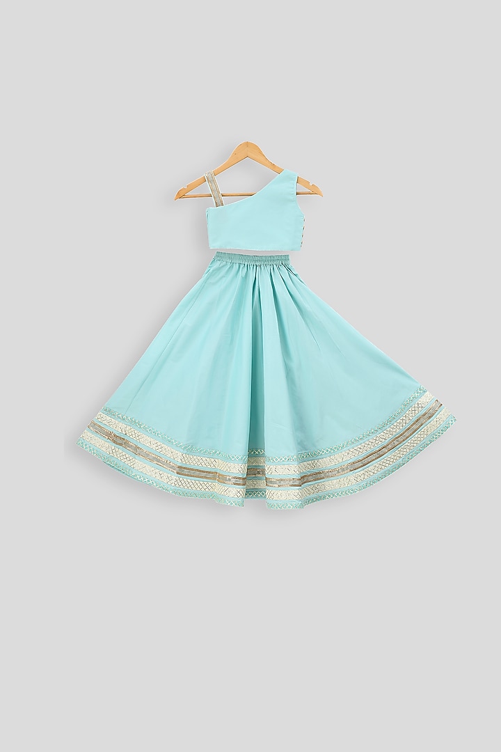 Light Blue Embroidered Blouse With Skirt For Girls by PWN at Pernia's Pop Up Shop