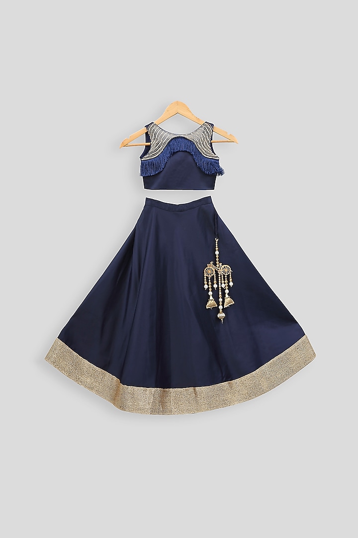 Navy Blue Embroidered Blouse With Skirt For Girls by PWN