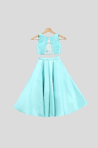 Light Green Embroidered Blouse With Skirt For Girls by PWN