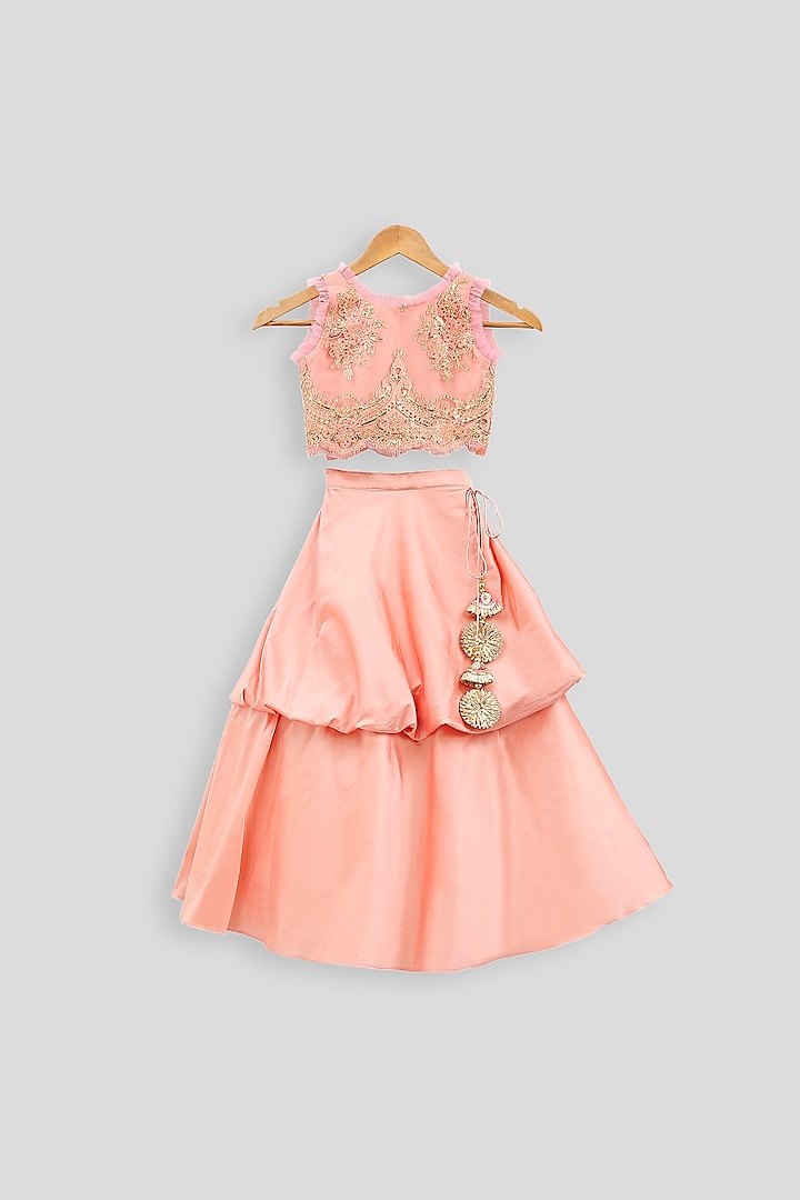Peach Embroidered Blouse With Balloon Skirt For Girls by PWN