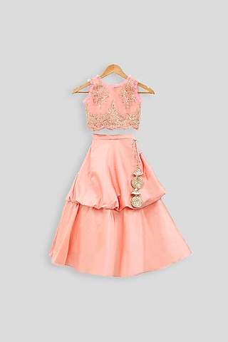 Peach Embroidered Blouse With Balloon Skirt For Girls by PWN