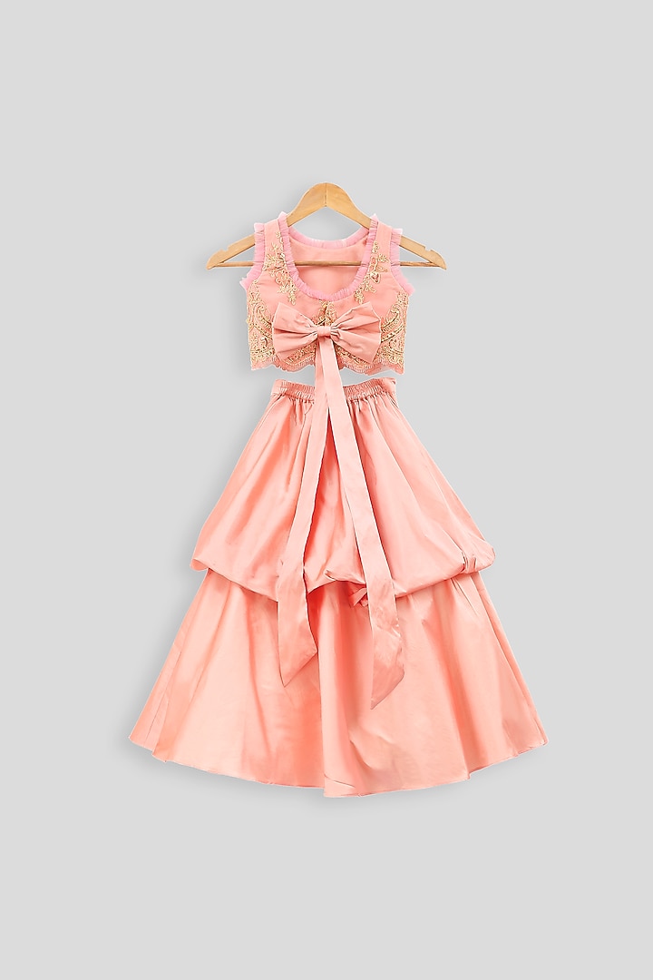 Peach Embroidered Blouse With Balloon Skirt For Girls by PWN at Pernia's Pop Up Shop