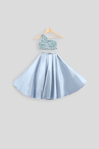 Grey Embroidered Blouse With Skirt For Girls by PWN