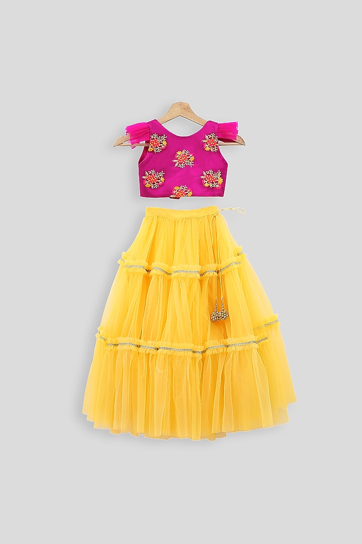 Pink Embroidered Blouse With Yellow Skirt For Girls by PWN