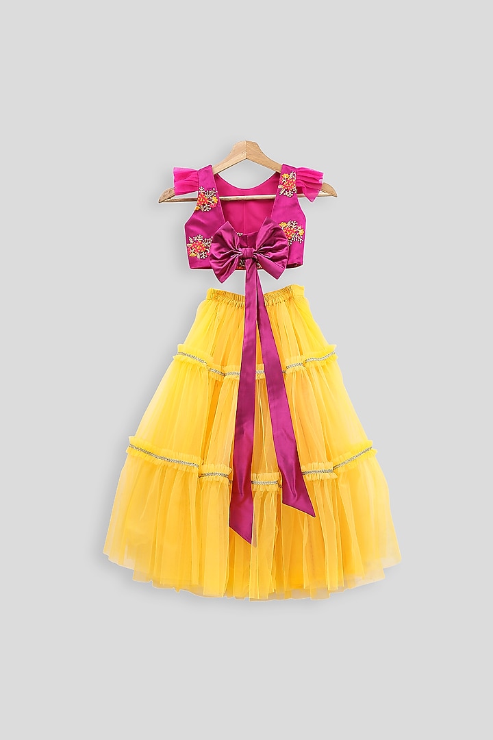 Pink Embroidered Blouse With Yellow Skirt For Girls by PWN at Pernia's Pop Up Shop