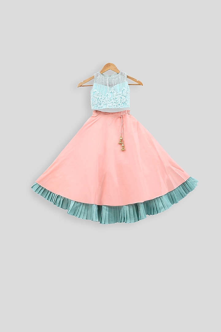 Blue Embroidered Blouse With Peach Skirt For Girls by PWN at Pernia's Pop Up Shop