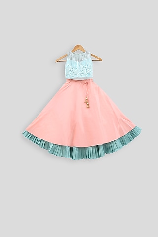 Blue Embroidered Blouse With Peach Skirt For Girls by PWN