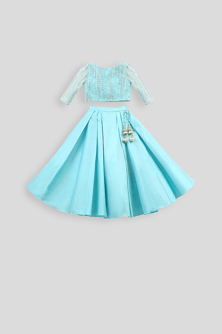 Light Blue Embroidered Blouse With Pleated Skirt For Girls by PWN